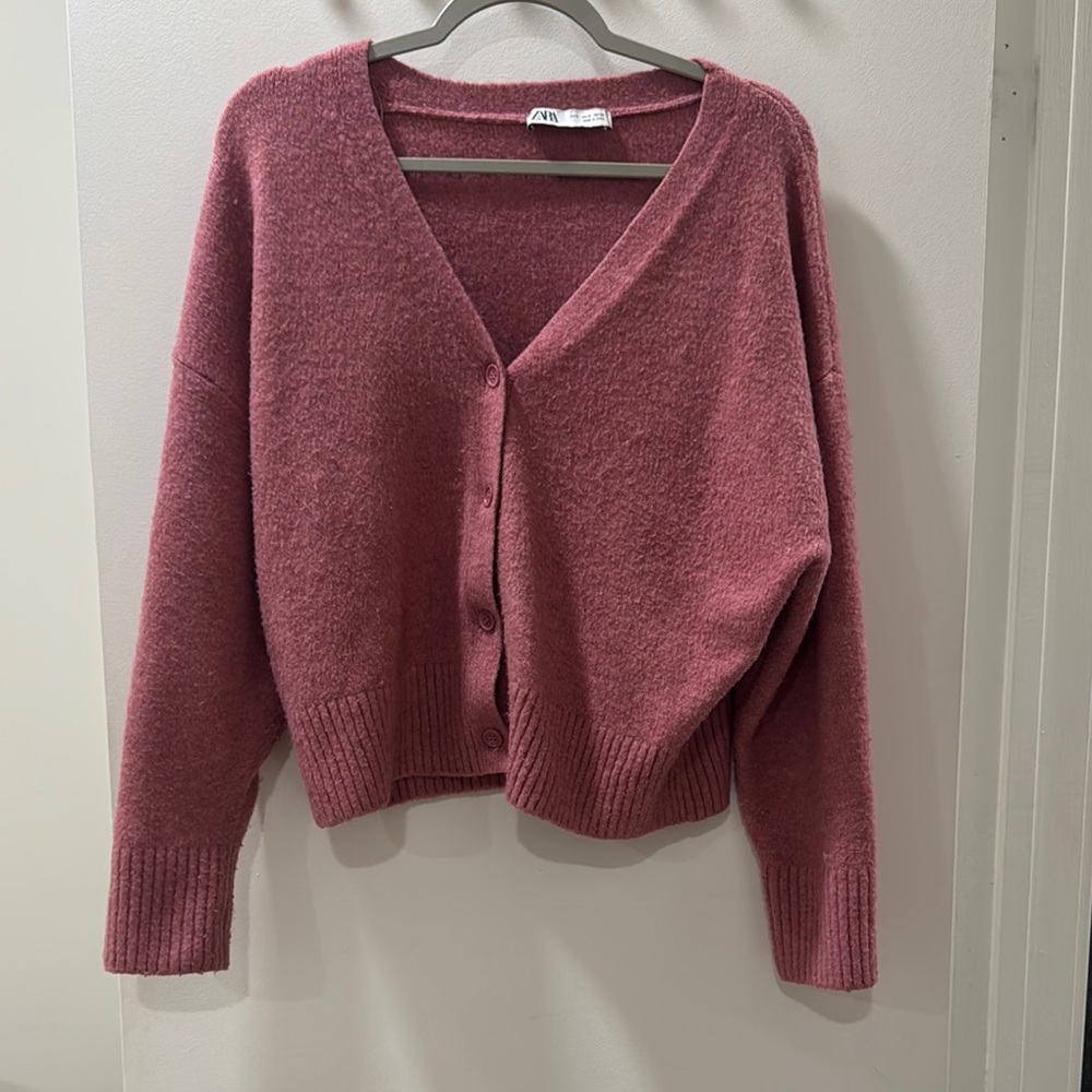 Dusty Rose ZARA Cardigan Sweater with V-Neck